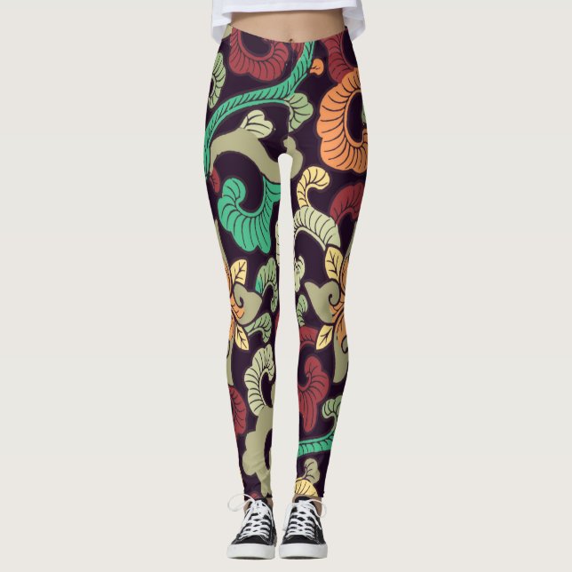 Boho nature floral, asian boho zen style leggings (Front)
