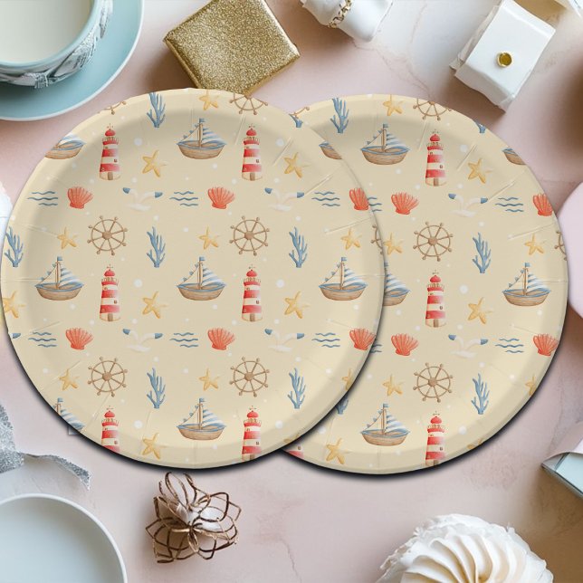 Boho Nautical Boat Lighthouse Pattern Paper Plate (Creator Uploaded)