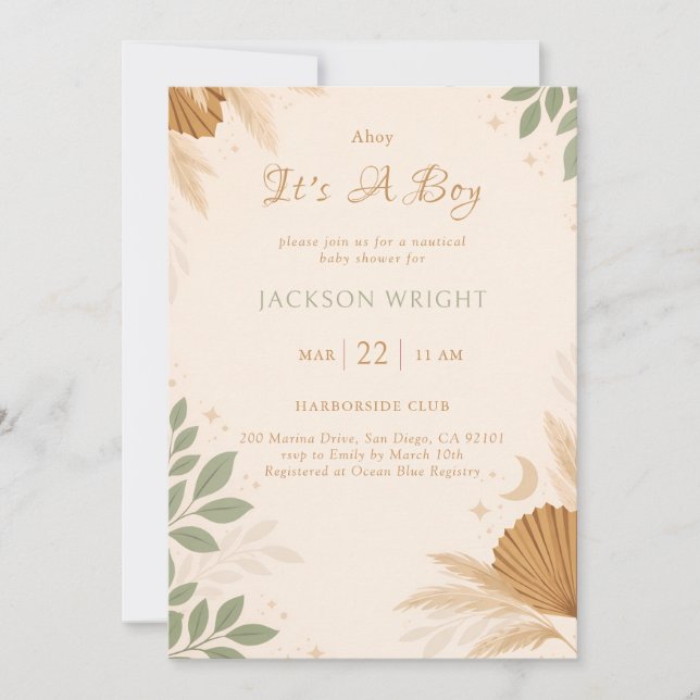 Boho Nautical Pampas Sage Eucalyptus It's A Boy Invitation (Front)