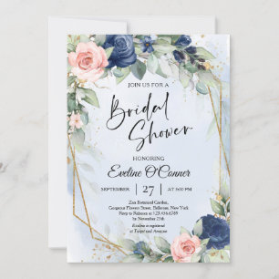 Boho navy and blush eucalyptus and gold frame  invitation