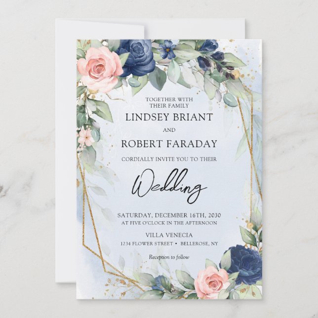 Boho navy and blush gold frame and eucalyptus invitation (Front)