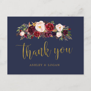 Boho Navy and Gold Floral Wedding Thank You Postcard