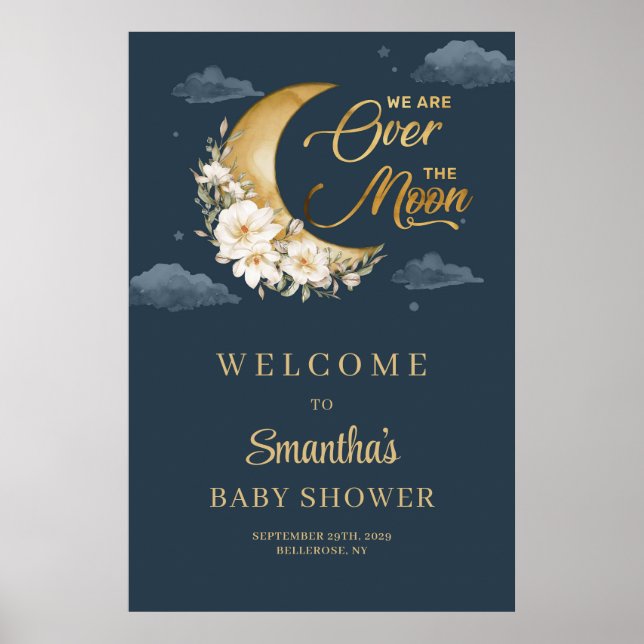Boho navy and gold moon floral Baby Shower Welcome Poster (Front)