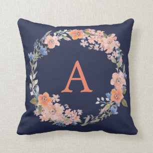 Boho Navy and Peach Monogram Floral Wreath Pillow