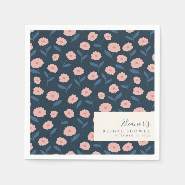 Boho Navy and Pink Floral Pattern Bridal Shower Napkin (Front)