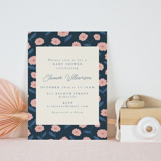 Boho Navy and Pink Flowers Cute Baby Shower Invitation (Creator Uploaded)