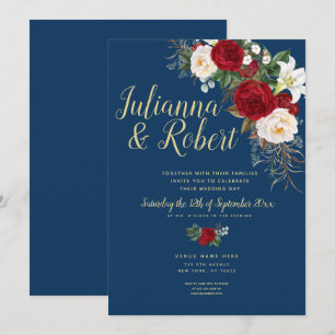 Boho Navy Blue and Burgundy Floral Watercolor Invitation
