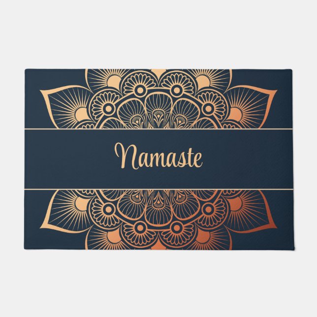 Boho Navy Blue and Peach Mandala Custom Text  Doormat (Front)