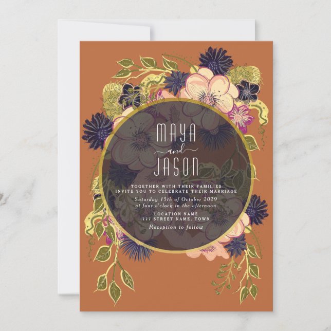 Boho Navy Blue and Terracotta Wedding Invitation (Front)