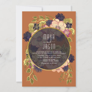 Boho Navy Blue and Terracotta Wedding Invitation