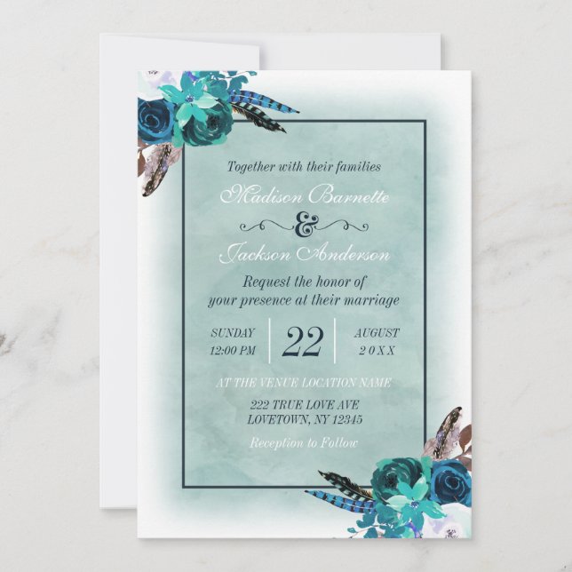 Boho Navy Blue Aqua Watercolor Wedding Invitation (Front)
