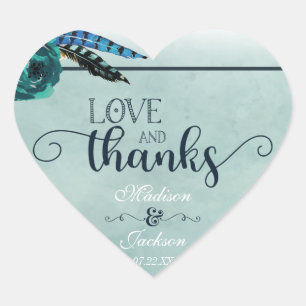 Boho Navy Blue & Aqua Wedding Love & Thanks Favour Heart Sticker