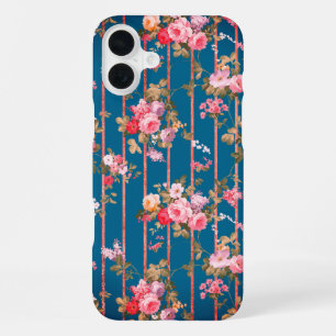 Boho navy blue blush pink floral rose gold stripes iPhone 16 plus case