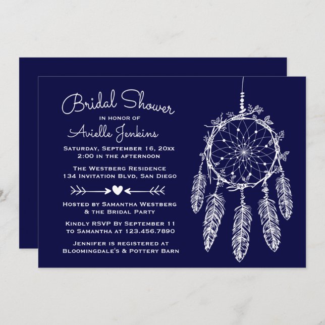Boho Navy Blue Bridal Shower Dream Catcher Tribal Invitation (Front/Back)
