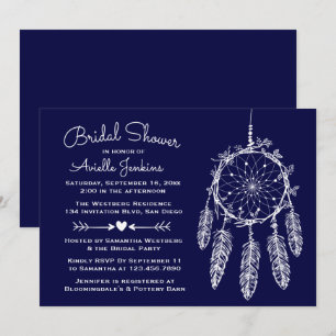 Boho Navy Blue Bridal Shower Dream Catcher Tribal Invitation