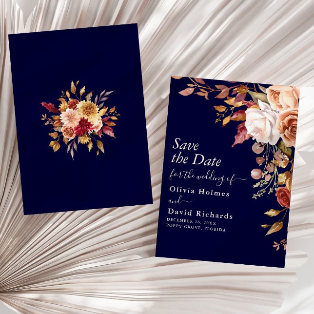 Boho Navy Blue Burnt Orange Floral Wedding Save The Date (Boho Navy Blue Burnt Orange Floral Wedding Save The Date on a sunny neutral dry palm leaf.)