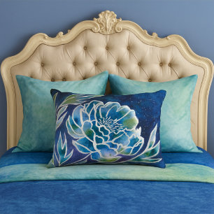 Boho Navy Blue Celestial Dahlia Floral Watercolor Decorative Cushion