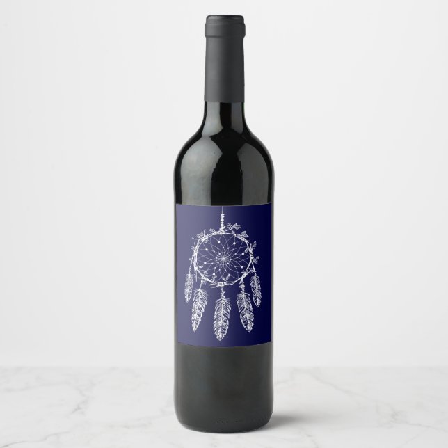 Boho Navy Blue Dream Catcher Native American Wine Label (Front)