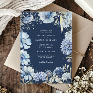 Boho Navy Blue Gold Wildflowers Botanical Wedding Invitation
