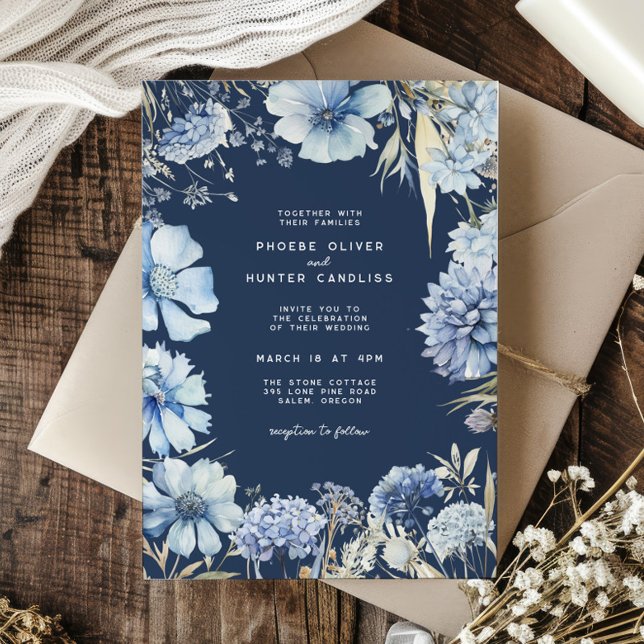 Boho Navy Blue Gold Wildflowers Botanical Wedding Invitation (Creator Uploaded)