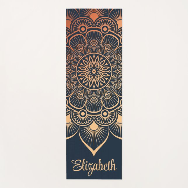 Boho Navy Blue Mandala Custom Name Yoga Mat (Front)