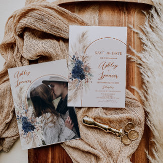 Boho Navy Blue Pampas Photo Save the Date Card