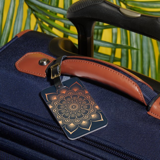 Boho Navy Blue Peach Mandala Luggage Tag (Front Insitu 1)