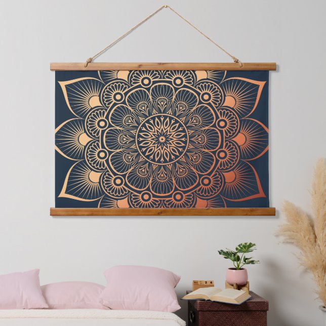 Boho navy Blue Peach Mandala Wood Topped Hanging Tapestry (Bedroom)