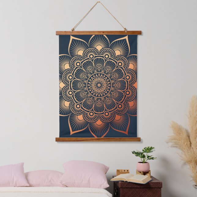 Boho Navy Blue Peach Mandala Wood Topped Hanging Tapestry (Bedroom)