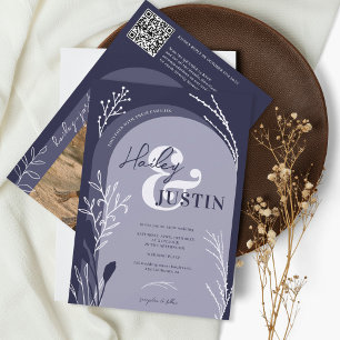 Boho navy blue photo names script arch wedding invitation