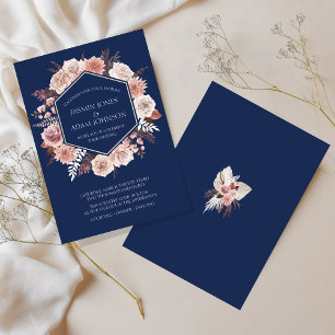 Boho Navy Blue Pink Floral Wreath Wedding Invitation