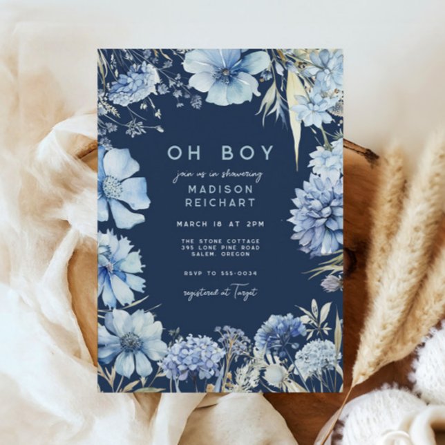 Boho Navy Blue Wildflower Floral Boy Baby Shower Invitation (Creator Uploaded)