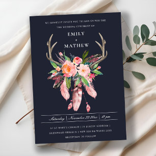 BOHO NAVY BLUSH ANTLER DREAM CATCHER FLORA WEDDING INVITATION