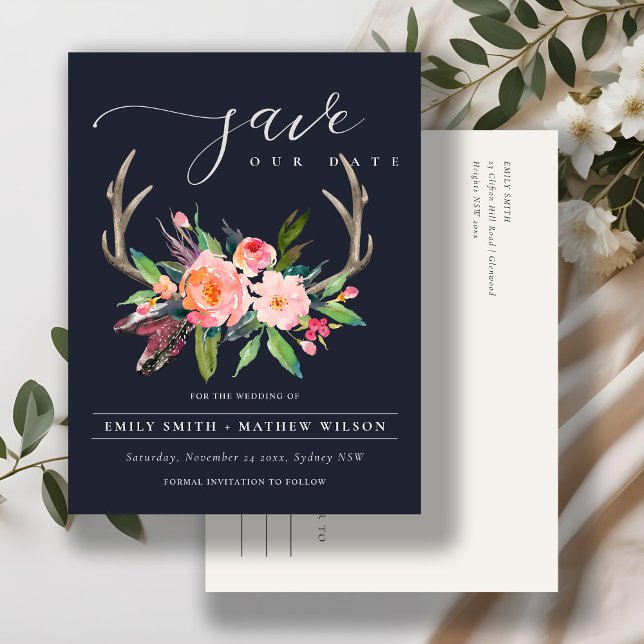 BOHO NAVY BLUSH ANTLER FLORA COUNTRY SAVE THE DATE ANNOUNCEMENT POSTCARD (Creator Uploaded)