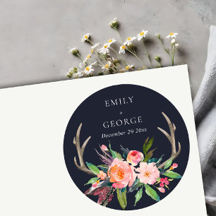 BOHO NAVY BLUSH ANTLER FLORAL COUNTRY WEDDING CLASSIC ROUND STICKER
