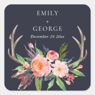 BOHO NAVY BLUSH ANTLER FLORAL COUNTRY  WEDDING SQUARE STICKER