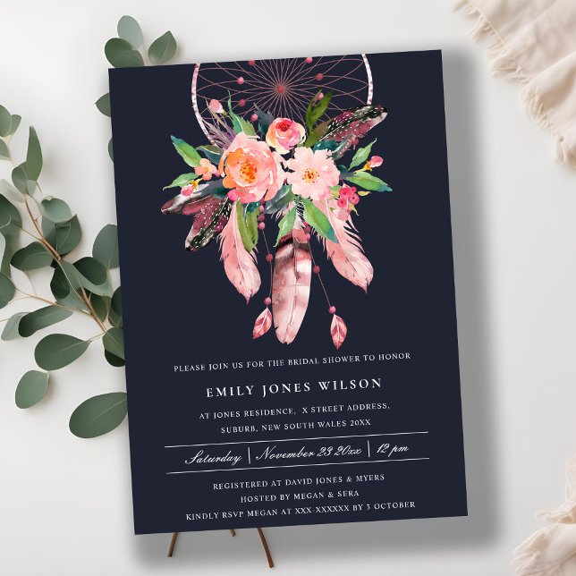 BOHO NAVY BLUSH DREAM CATCHER FLORAL BRIDAL SHOWER INVITATION (Creator Uploaded)
