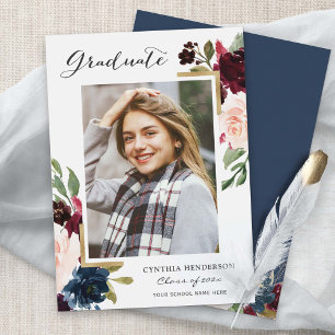 Boho Navy Blush Floral Botanical Senior Graduation Announcement