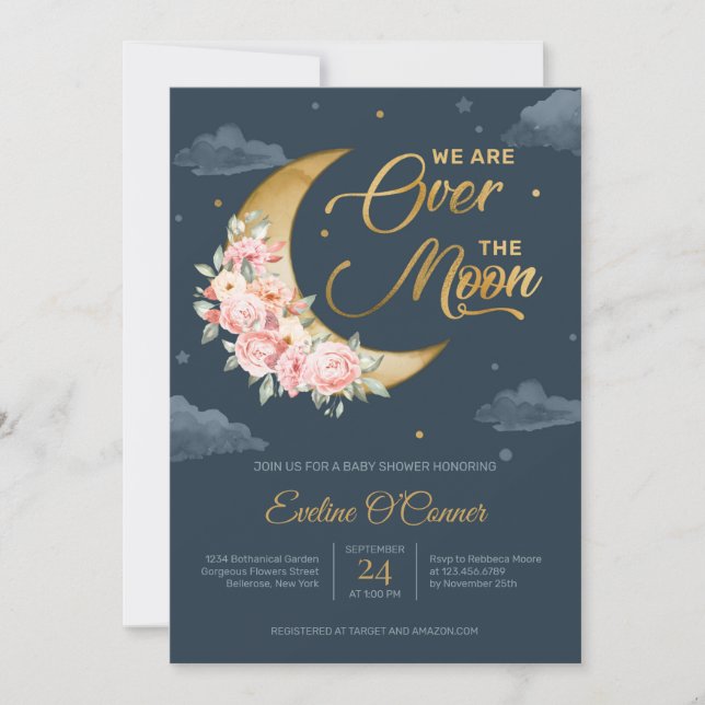 Boho Navy blush gold foil over the moon baby Invitation (Front)