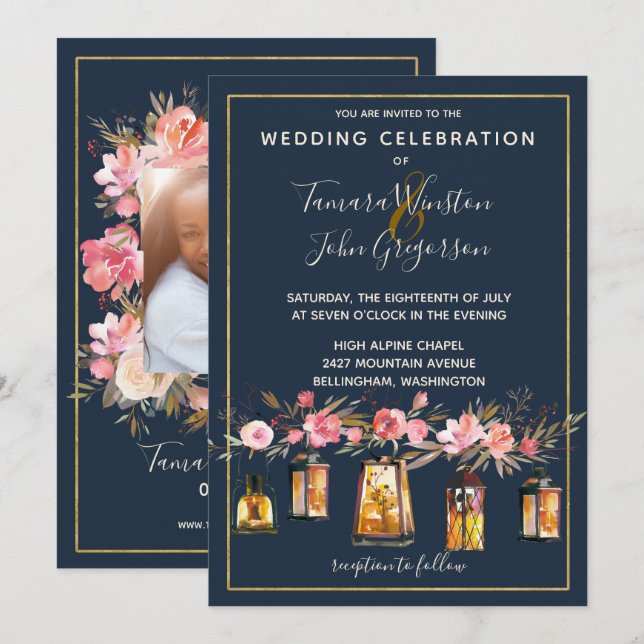 Boho Navy & Coral Floral String Lights Photo Invitation (Front/Back)