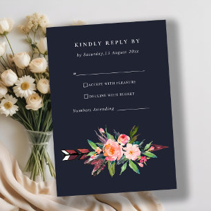 BOHO NAVY COUNTRY BLUSH ARROW FLORAL WEDDING RSVP CARD