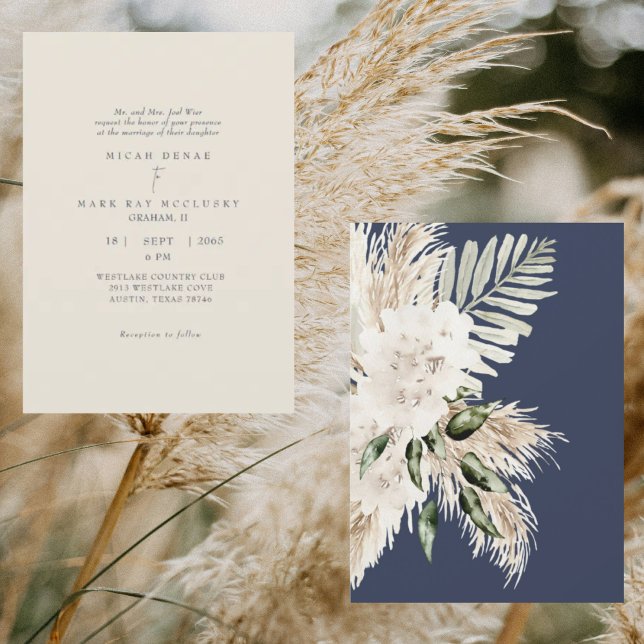 Boho Navy & Cream Pampas Wedding Invitation (Creator Uploaded)