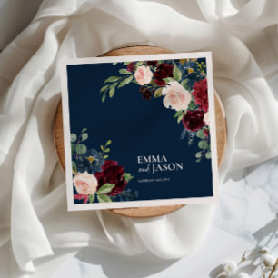 Boho Navy Floral Burgundy Blush Wedding Napkins