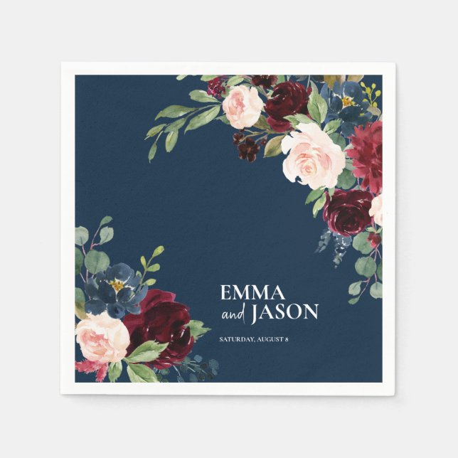 Boho Navy Floral Burgundy Blush Wedding Napkins (Front)