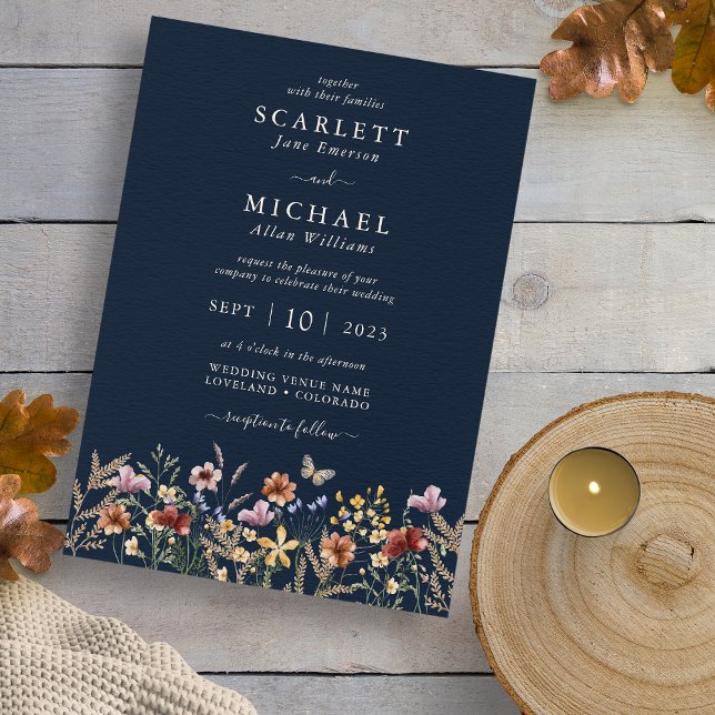 Boho Navy Floral Wedding Invitation (Wildflower Boho Navy Floral Wedding Invitation with Butterfly by Painted Paperie
)