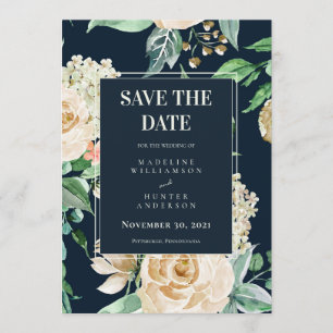Boho Navy & Ivory Roses Elegant Save the Date Invitation