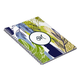 Boho Navy Lime Green Leaves Notebook