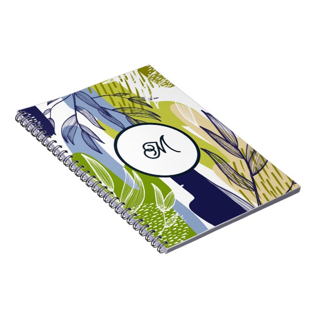 Boho Navy Lime Green  Leaves Notebook (Right Side)