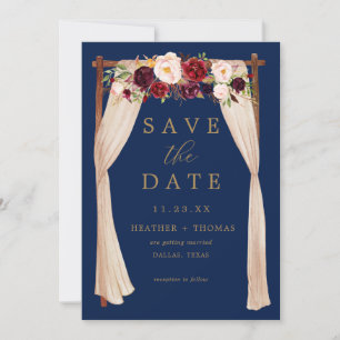 Boho Navy Marsala Flowers Arch Gold Floral Save The Date