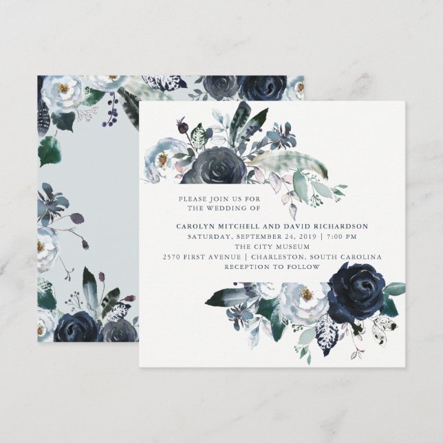 Boho Navy Peony Floral Wedding Invitation (Front/Back)